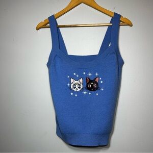 Sailor Moon Blue Knit Tank Sweater 2X Luna Artemis Embroidered Cats Anime